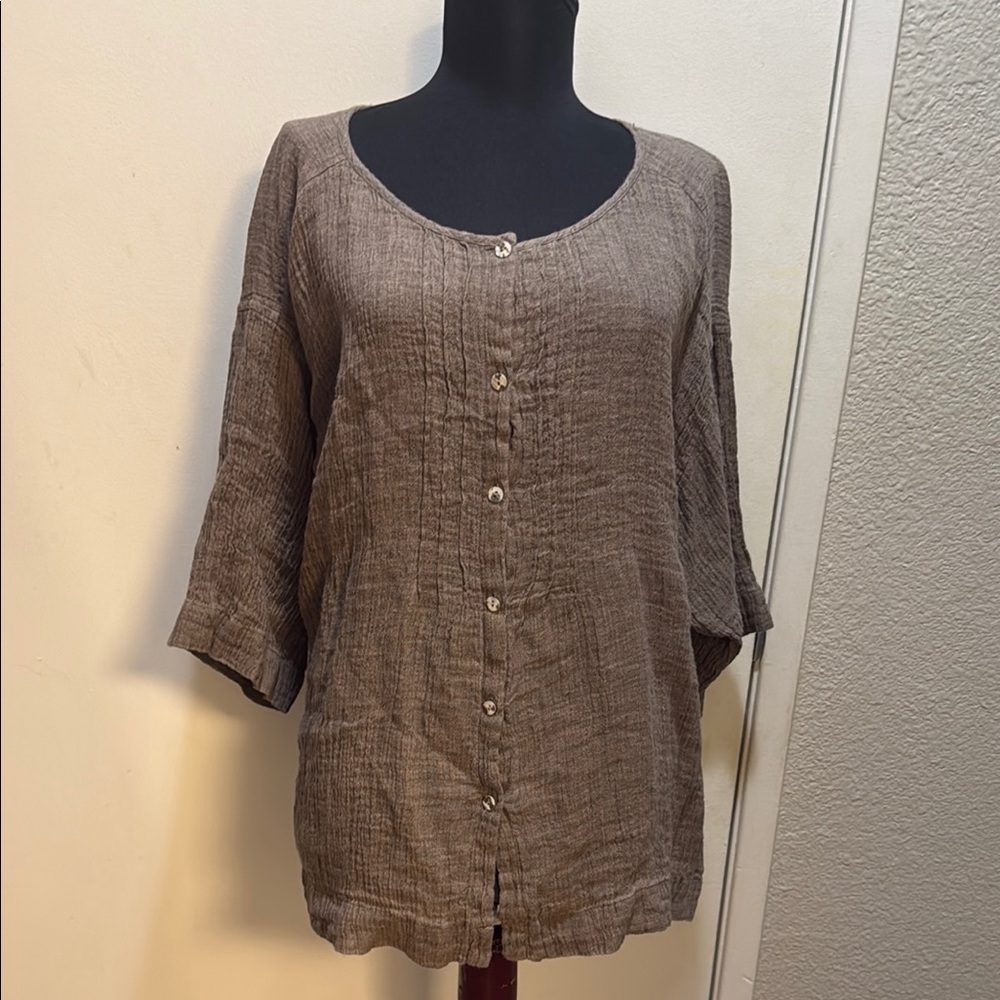 Brown Relaxed 3/4 Sleeve Button Down Shirt